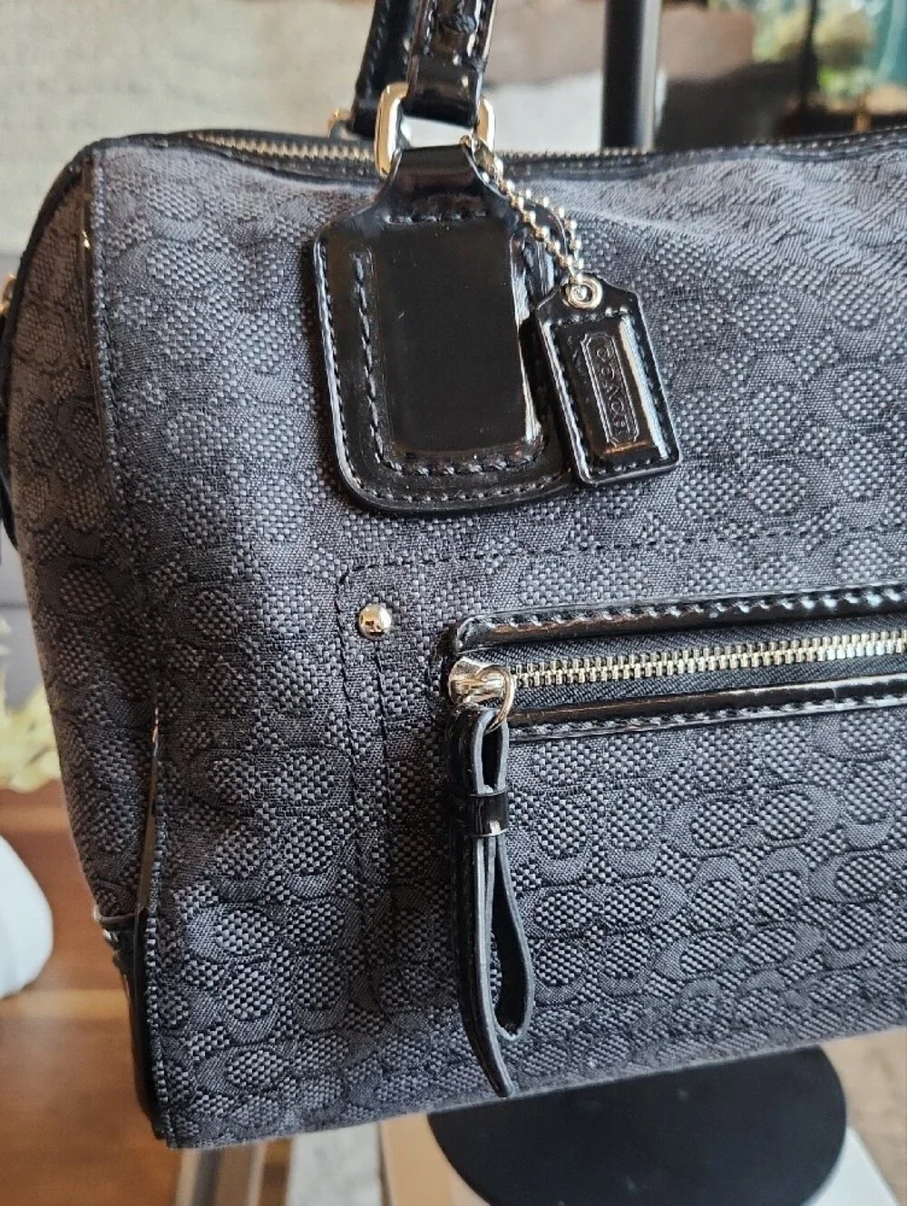 Coach Poppy Signature C Mini Oxford Satchel in dark grey and black